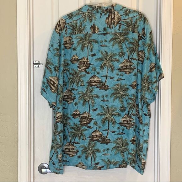 Caribbean Hawaiian Aloha Teal Blue Tiki Hut Button Down Silk Shirt Size 4XB - Picture 12 of 12